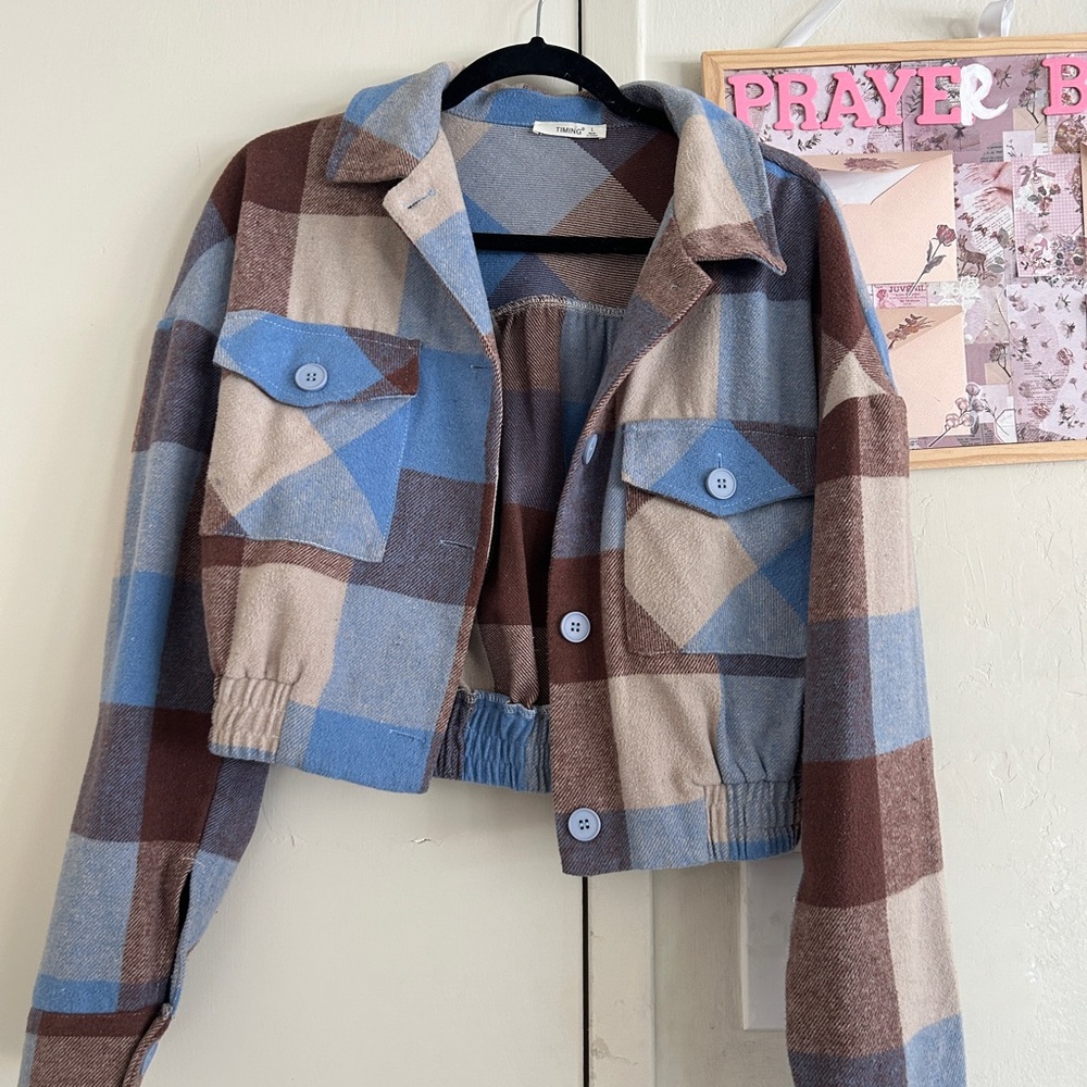 Plaid Cropped Jacket - Blue and Brown